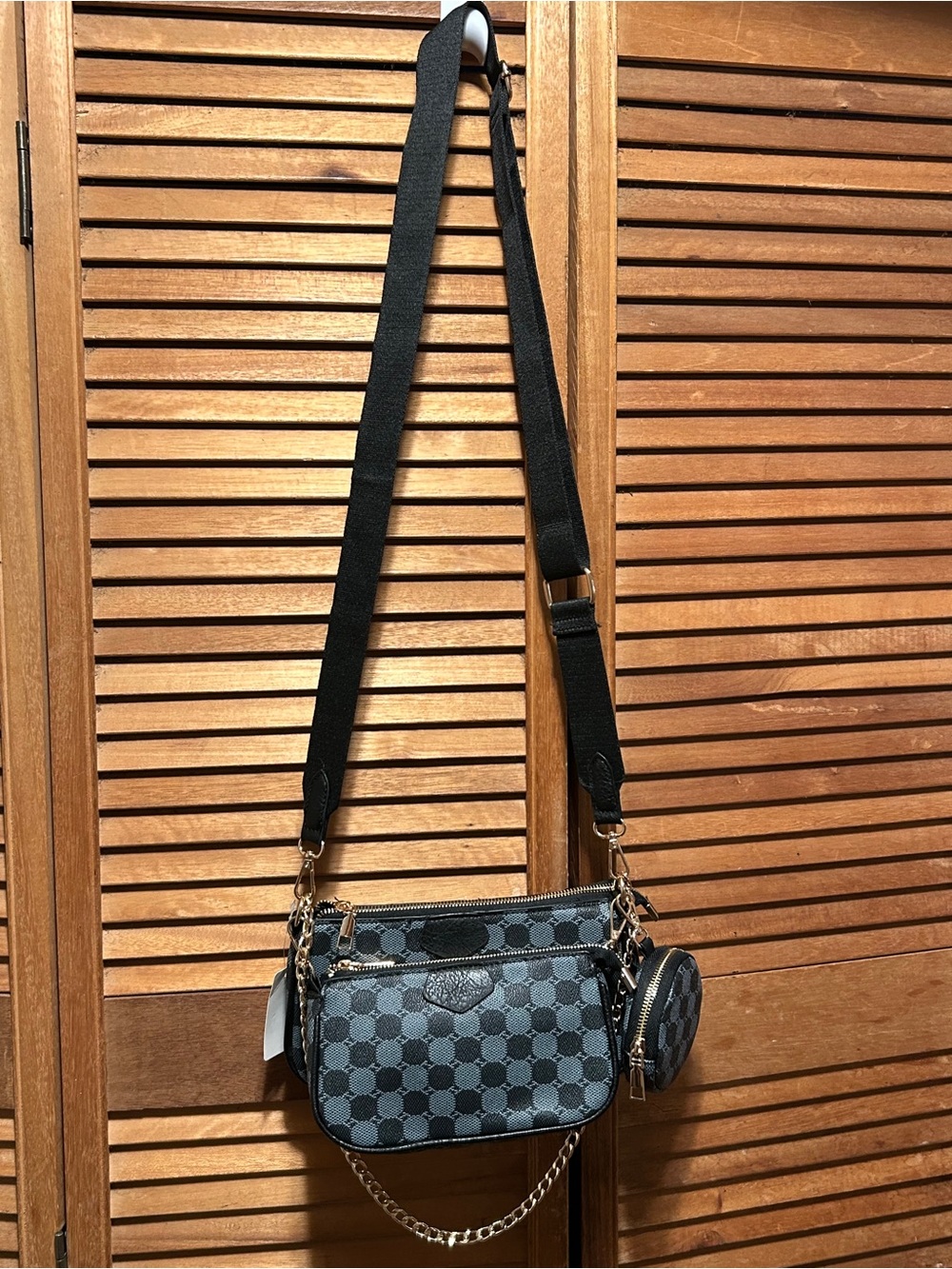 Black and Blue 3pc Check Pattern Crossbody Bags with Coin Pouch & Chain Accent